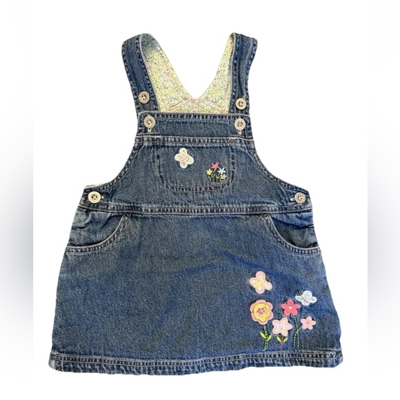 KRU baby girl’s Jean overall jumper with embroidered flowers,‎ size 18m, EUC - Picture 1 of 8